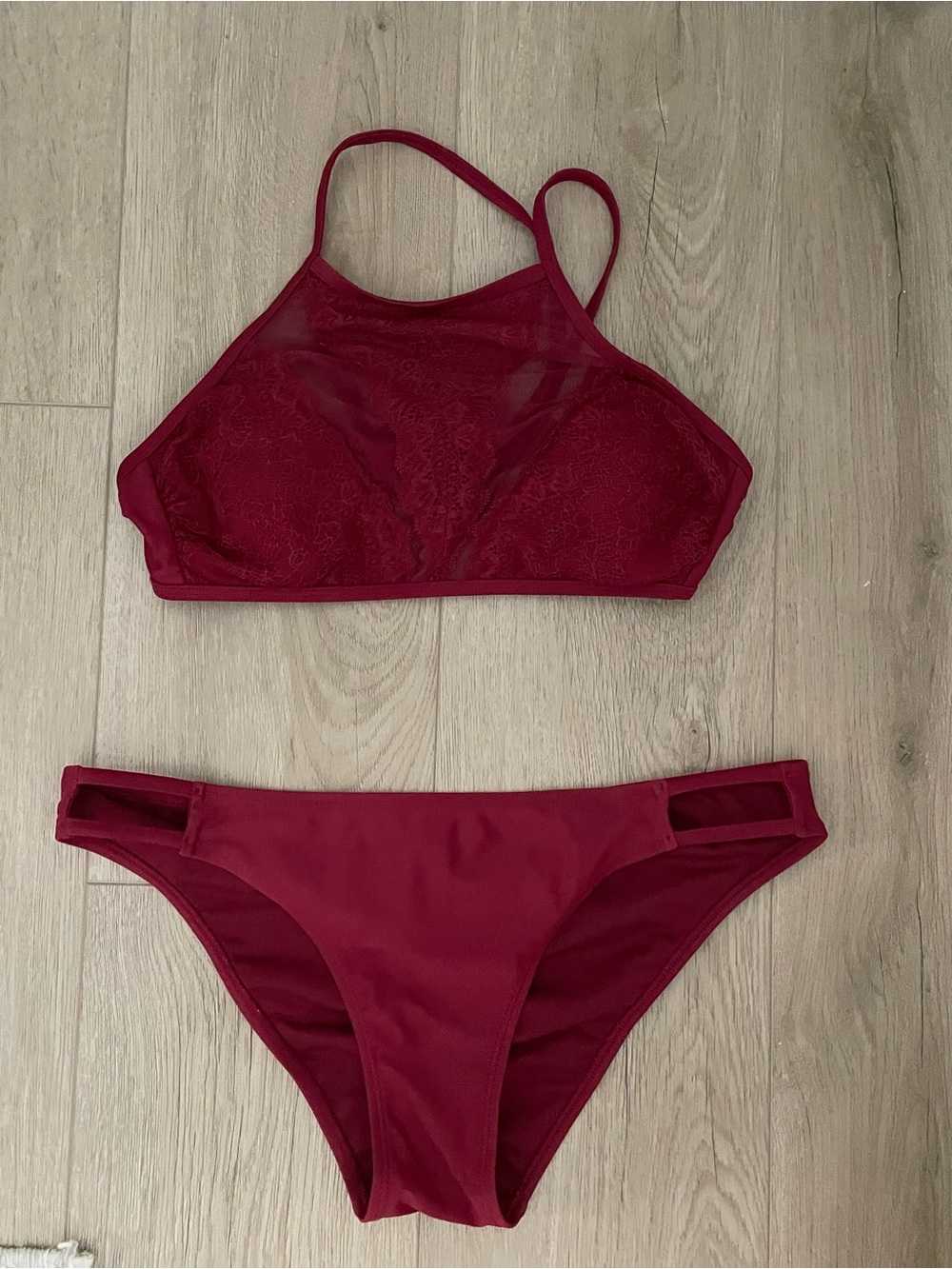 Xhiliration Women's Burgundy Lace Mesh Bikini Set Ruched Bottom Top M Bottom L